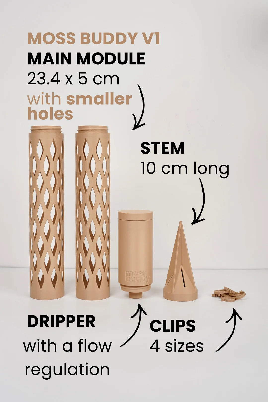 MOSS BUDDY Modular Moss Pole Starter Pack – Self-Watering Climbing Pole, 3D Printed in Muted Green & Beige