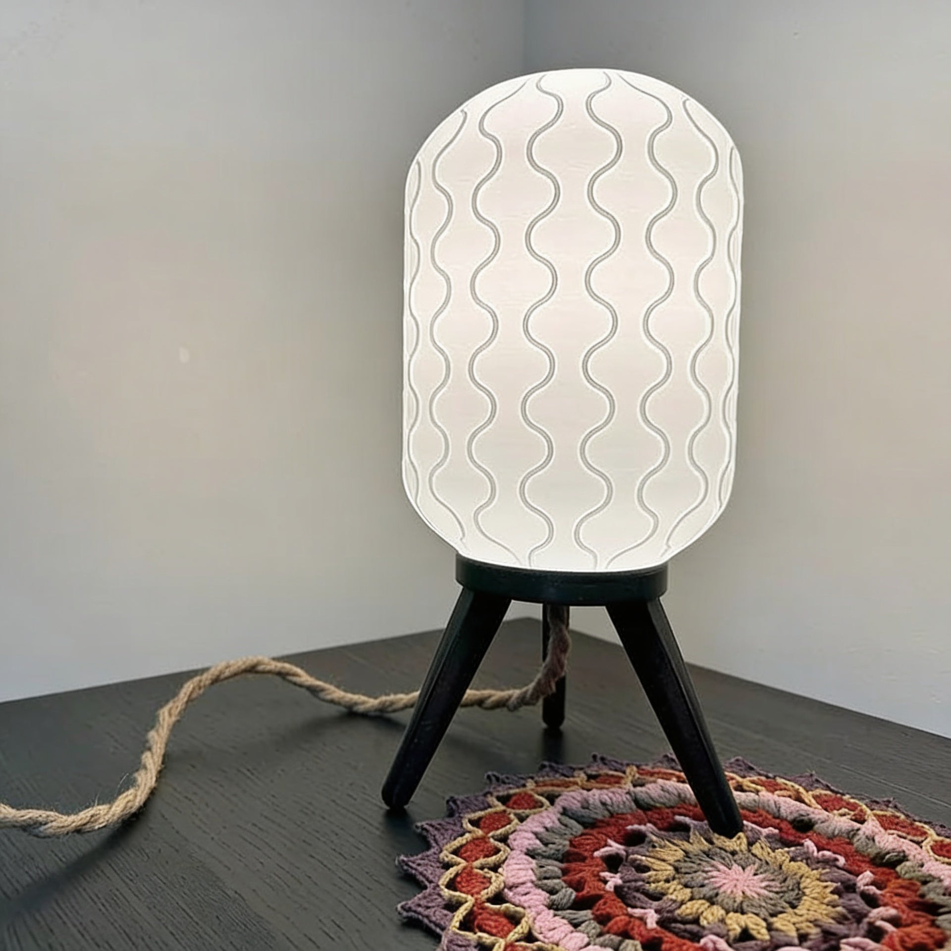 Mid-Century Modern Tripod Lamp | Sculptural Table Light With Wavy Shade for Desk, Nightstand & Living Room